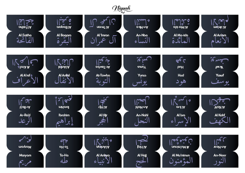 Onglets coraniques Niyyah pour organiser le Qur’an avec noms des sourates en arabe et en français